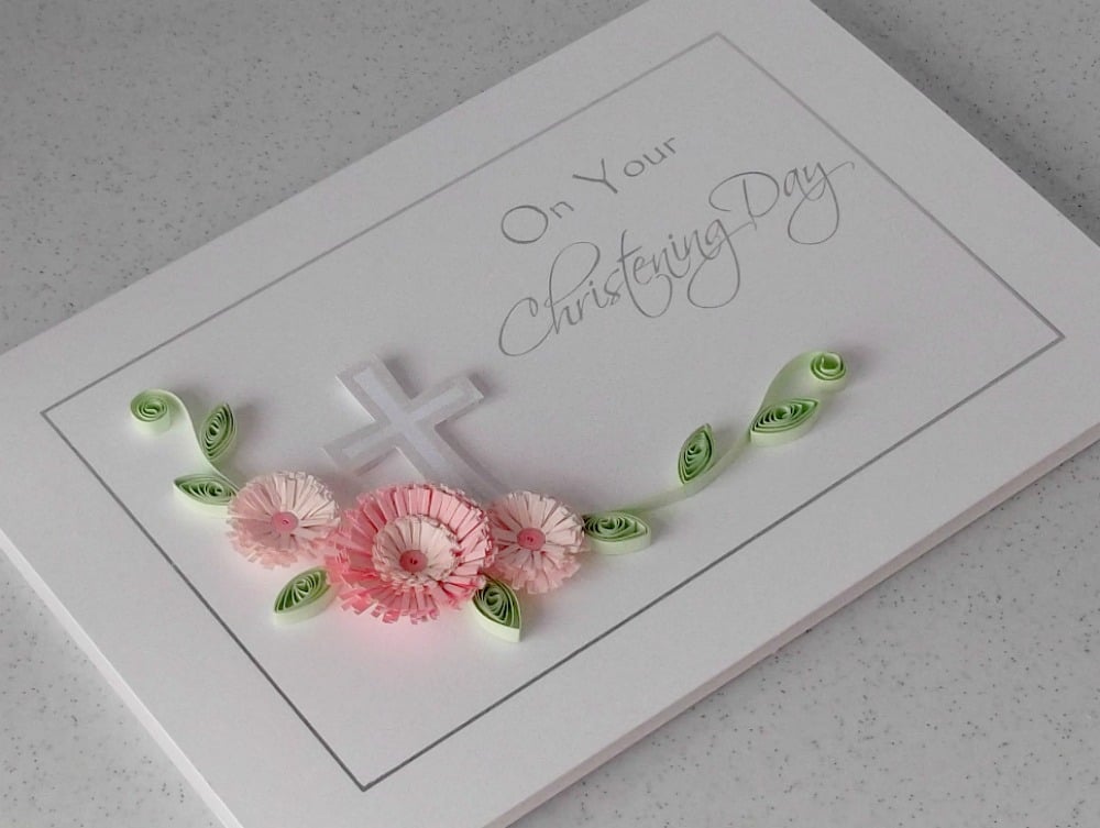 Handmade Christening card with quilled flowers, can be personalised
