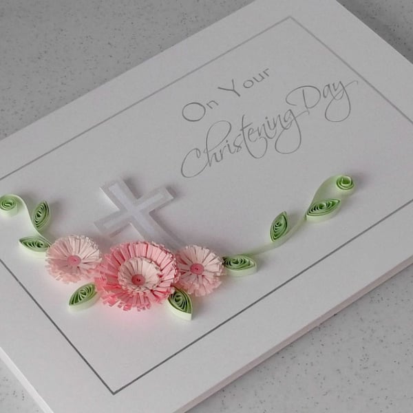 Handmade Christening card with quilled flowers, can be personalised