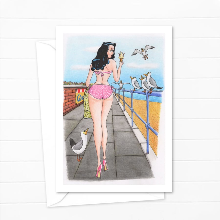 Seaside Holiday Greetings Card: Retro Postcard Style Illustration (808)