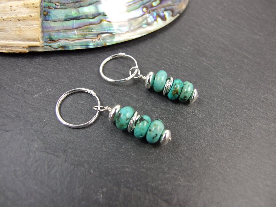 Earrings, Sterling Silver, Hoops with Turquoise Gemstone Dropper