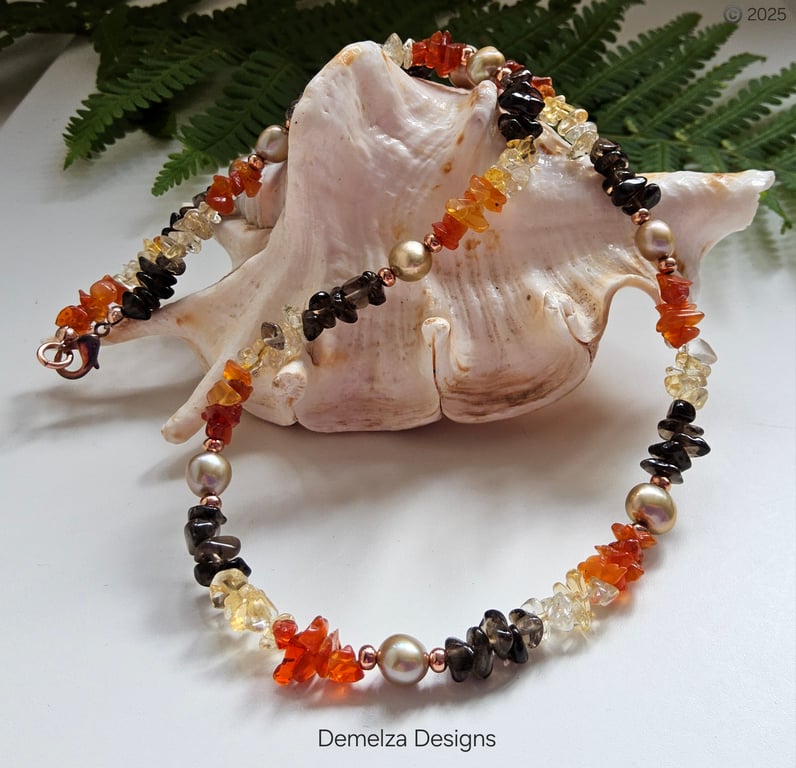 Mexican Fire Opal, Smokey Quartz, Citrine, Culture Pearl Gold Plated Necklace 