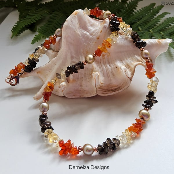 Mexican Fire Opal, Smokey Quartz, Citrine, Culture Pearl Gold Plated Necklace 
