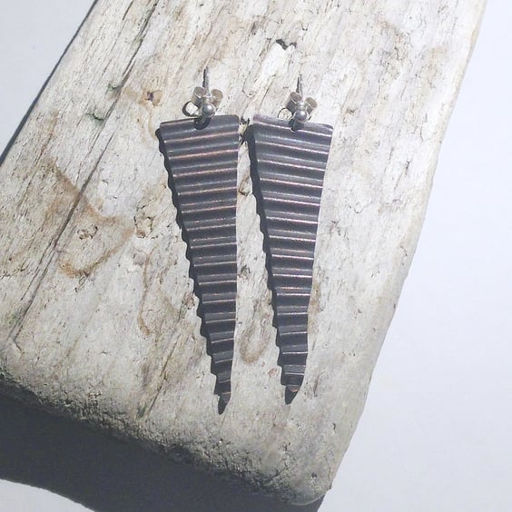 Long corrugated Oxidised Copper Drop Earrings (ERCUSTCG1) - UK Free Post