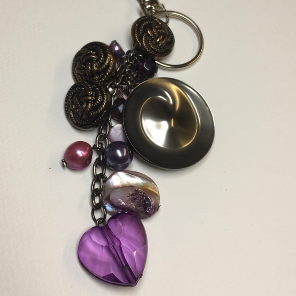 Repurposed vintage button and costume jewellery bag charm and keyring 