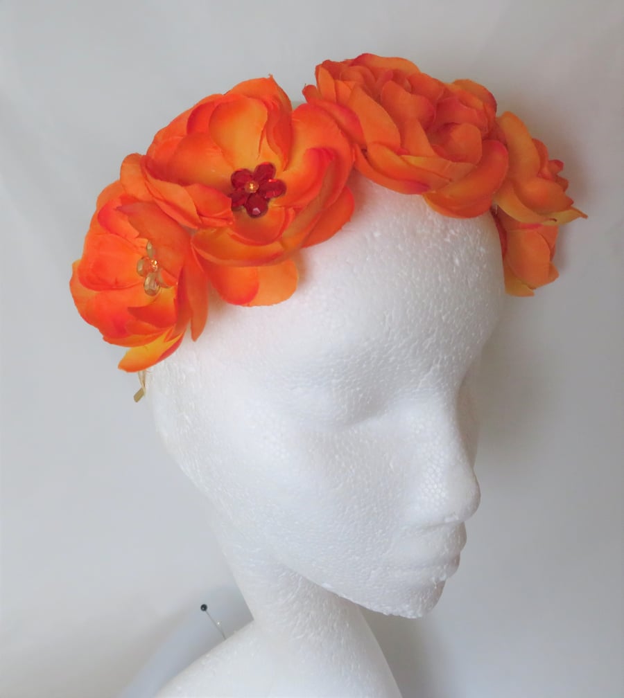 Bright Orange Blossom Flower Crown Retro Vintage Boho Floral Hair Headband 
