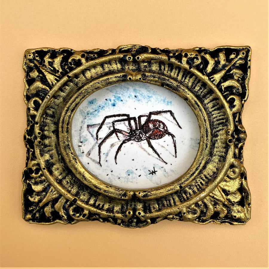 Tiny Miniature framed PRINT of a spider, quirky gift, Gothic horror.