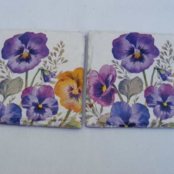 Set of 2 Pansy flower slate coasters