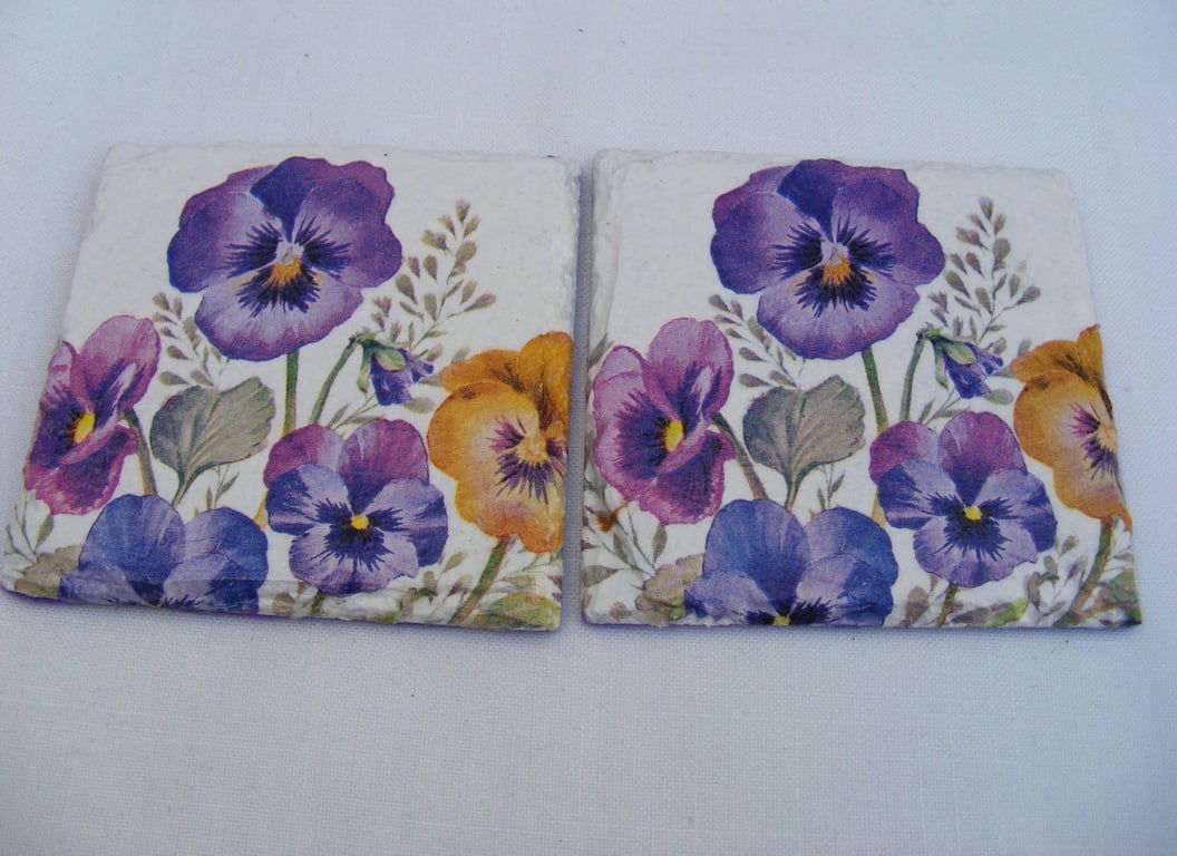 Set of 2 Pansy flower slate coasters