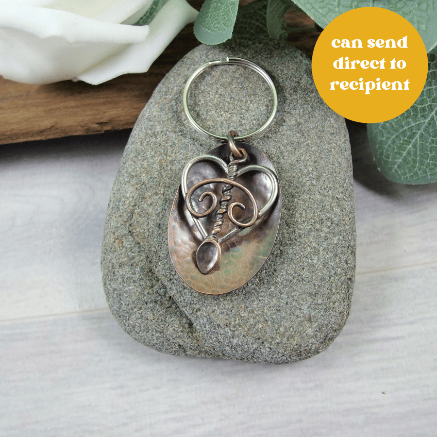 Bag Charm, Welsh Love Spoon Sterling Silver and Copper Keyring