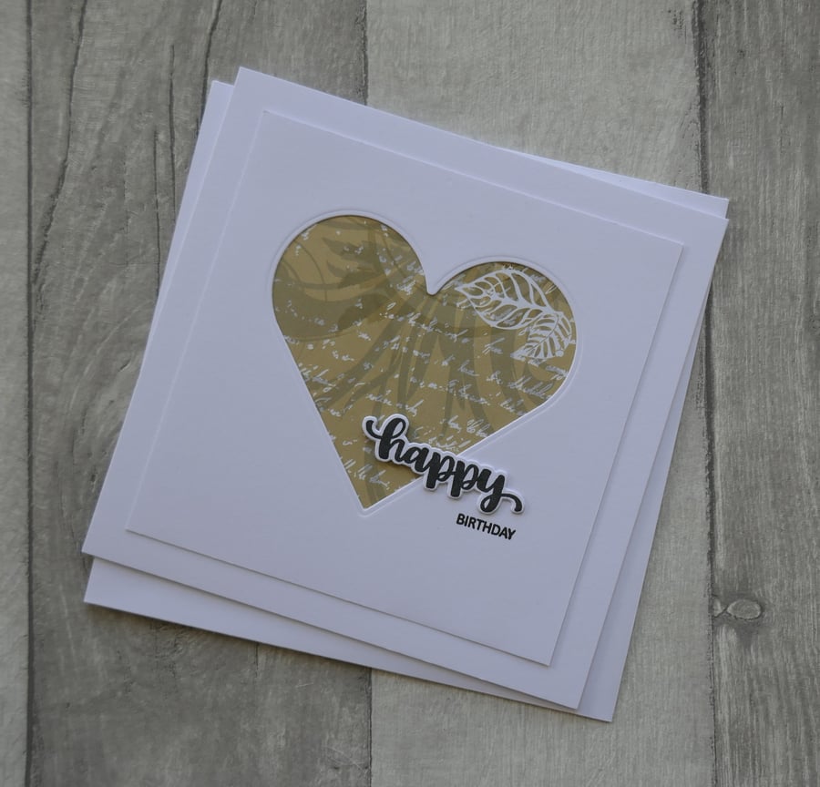 Brown Heart with Script and Leaves - Happy Birthday - Birthday Card