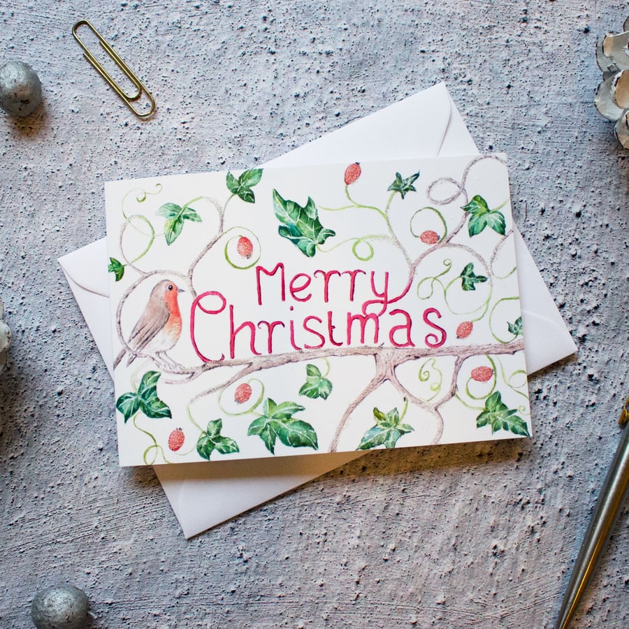 Robin and Ivy Watercolour Christmas Card Hand Designed By CottageRts