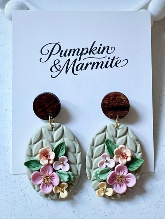 Beautiful handmade polymer clay earrings with nickel free findings, wooden stud