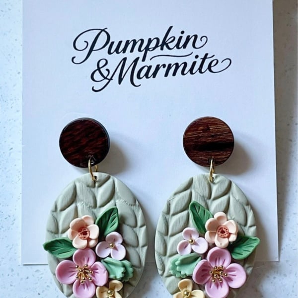 Beautiful handmade polymer clay earrings with nickel free findings, wooden stud
