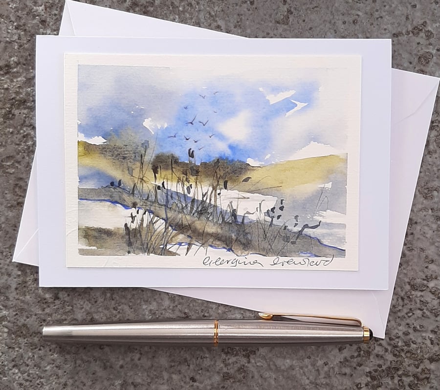 Rainy Day Puddles. Blank Card. Handpainted  Paper Art to Frame or Post