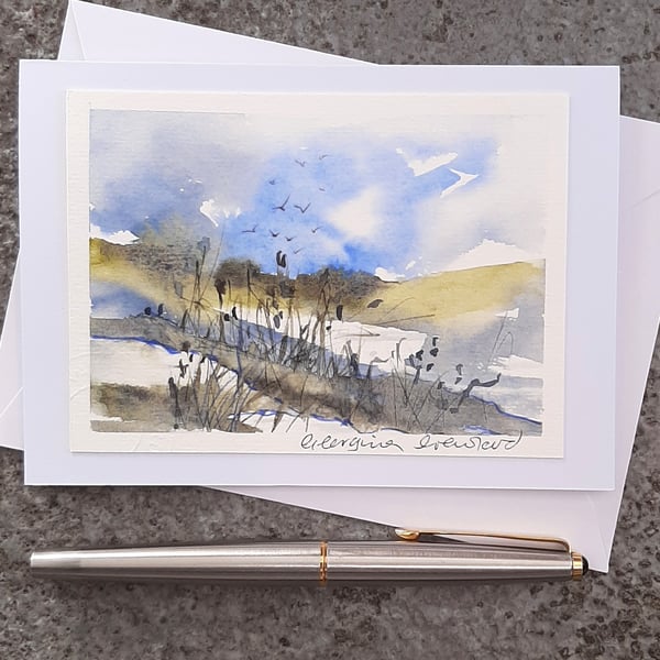 Rainy Day Puddles. Blank Card. Handpainted  Paper Art to Frame or Post