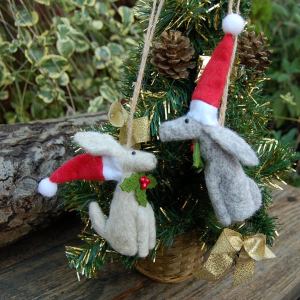  Xmas Bauble -Moon Gazing Hare wearing a Santa hat - Christmas tree bauble