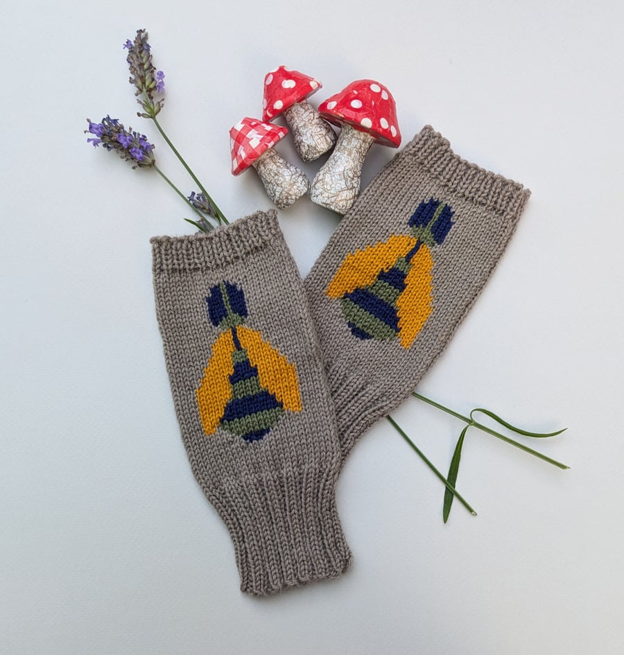 Bee Knitted Fingerless Gloves made in merino wool