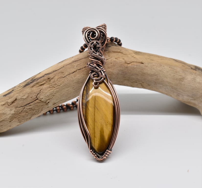 Wire Wrapped Tigers Eye Unisex Pendant
