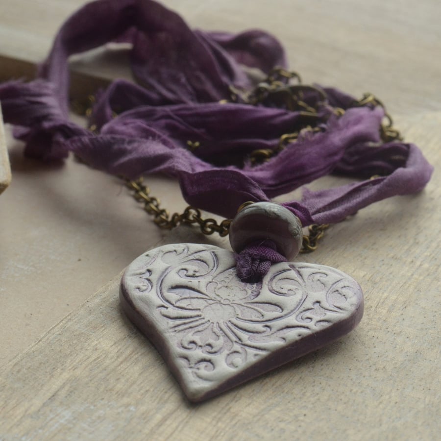 Purple Decorative Ceramic Heart, Lampwork Bead, Sari Silk & Chain Necklace