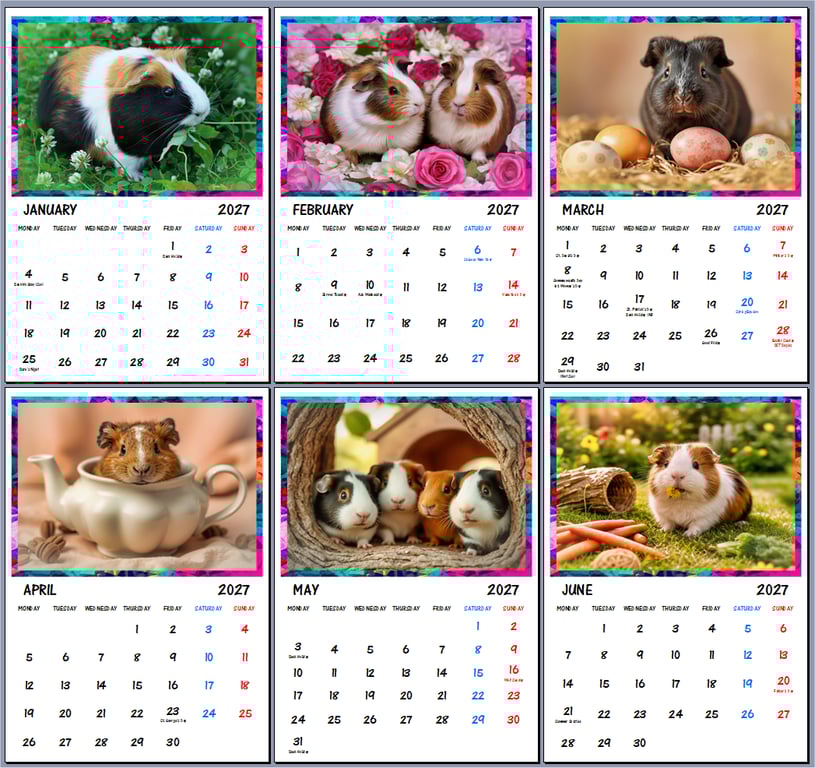 2027 Calendar Guinea Pigs A4 Page Per Month 