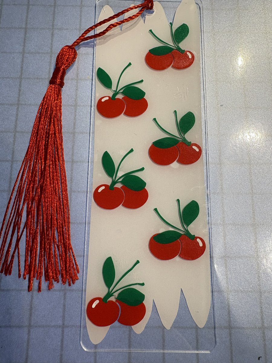 Cherry Acrylic Bookmark – Red Vinyl Cherries, Scalloped Edge & Tassel