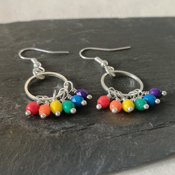 Pride colours rainbow bead earrings, silver plated, LGBTQ 