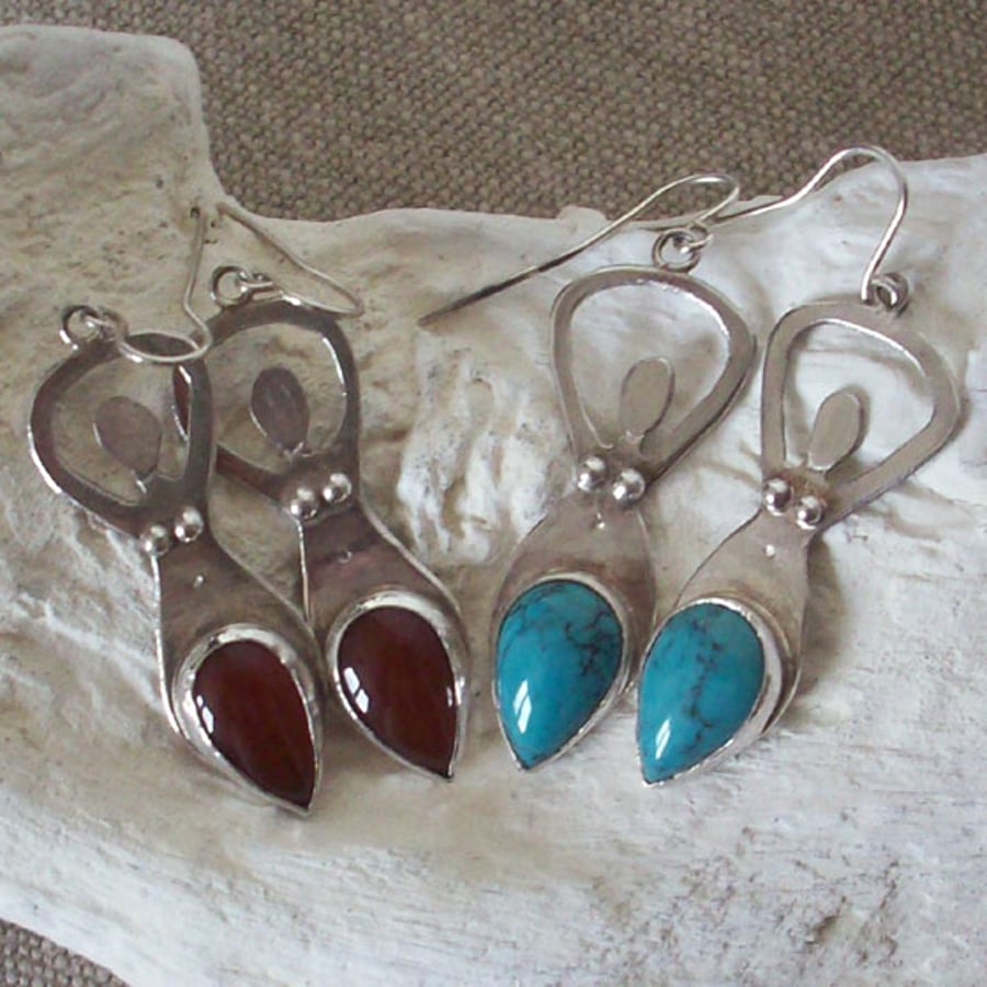 Silver & Gemstone Goddess Earrings, Choose Carnelian or Turquoise  MADE TO ORDER