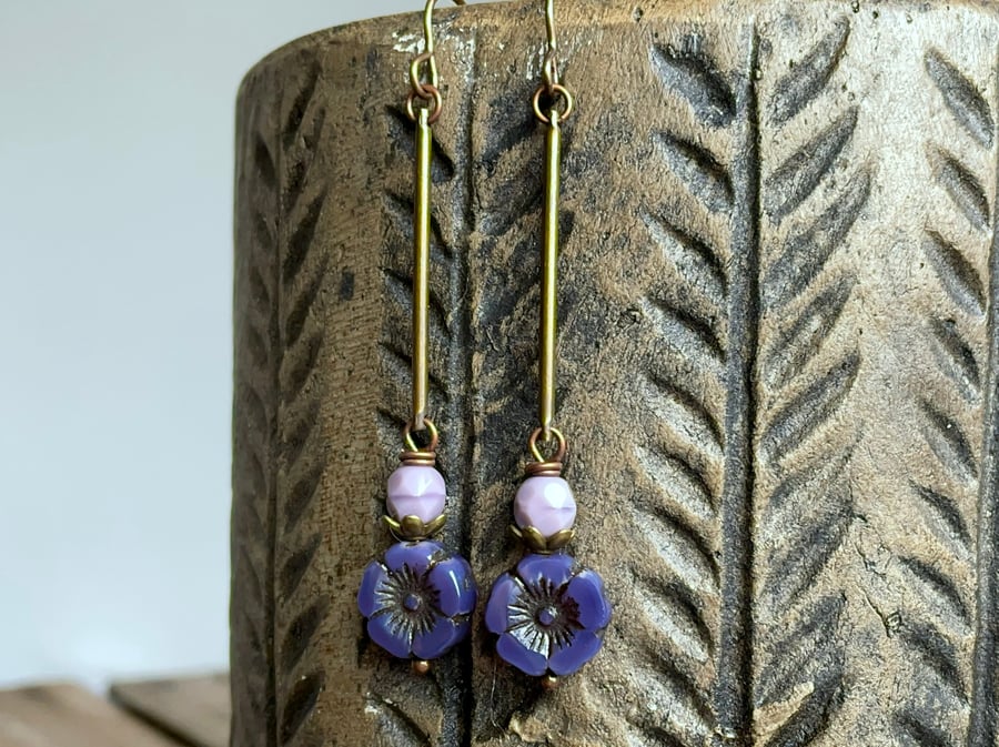 Flower Earrings. Purple Czech Glass Earrings. Long Bohemian Earrings