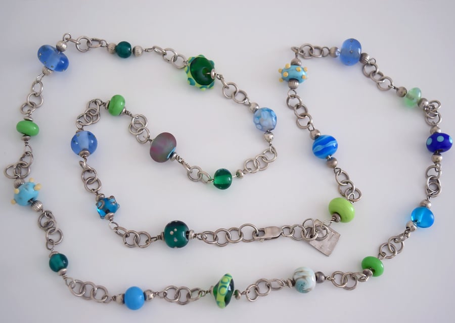 Lovely Sterling silver and glass Necklace Handmade in Shades of Blue and Green