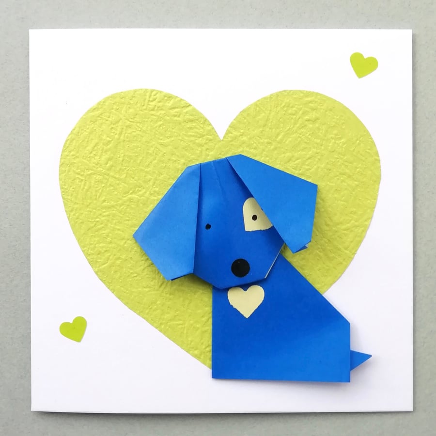 Blue origami dog and chartreuse textured heart greeting card