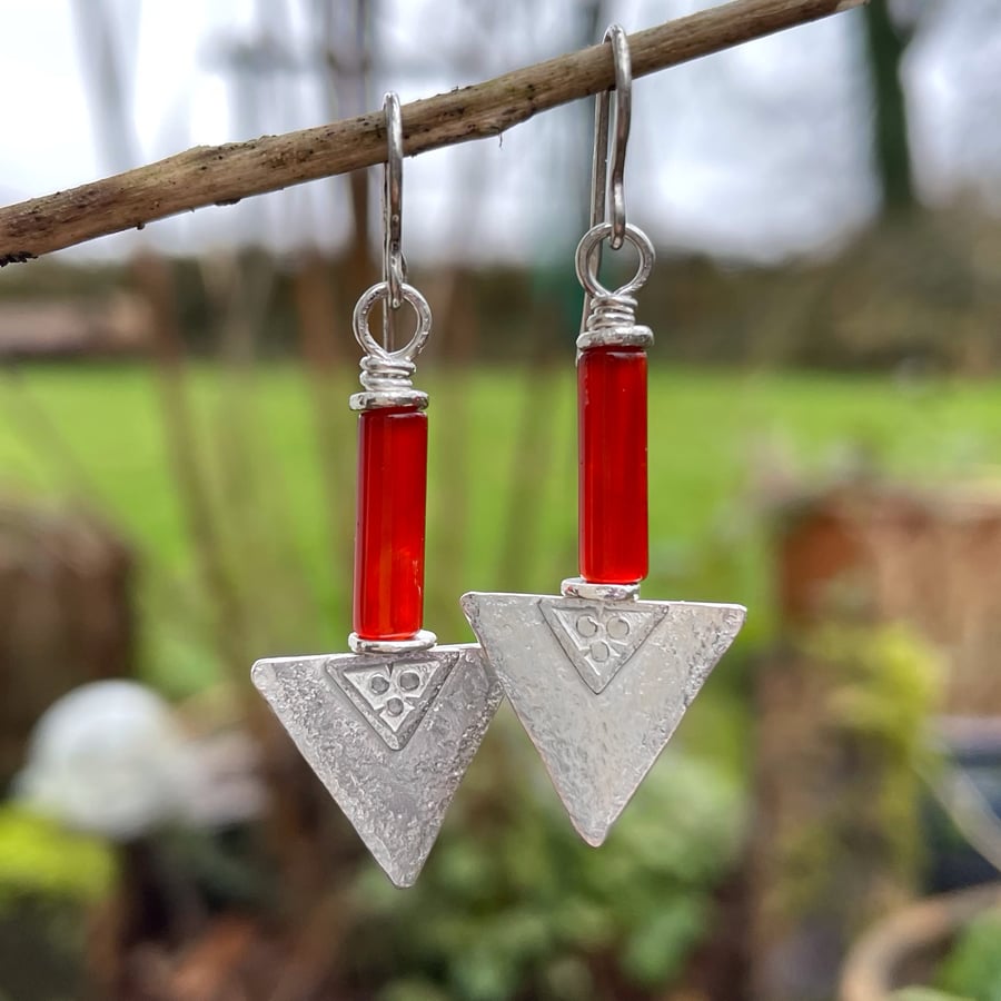 Sterling silver and carnelian triangular earrings