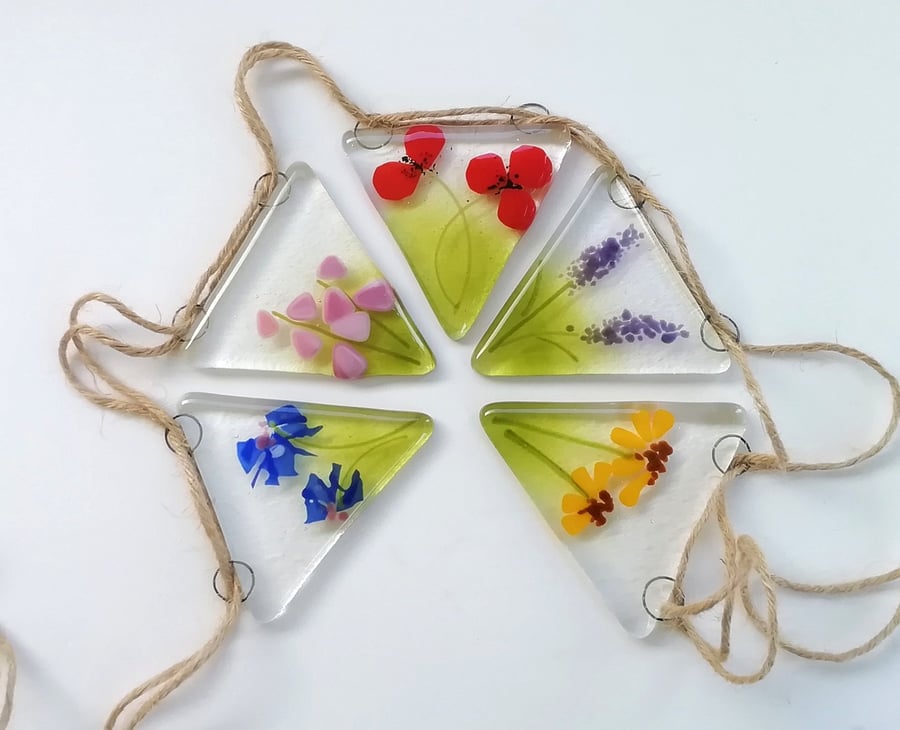 Flower bunting, fused glass garland, patio decor, birthday gift, glass art.