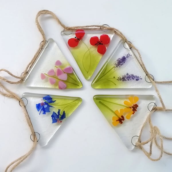 Flower bunting, fused glass garland, patio decor, birthday gift, glass art.