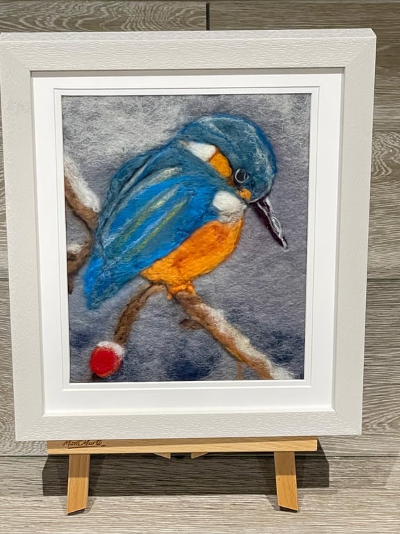Kingfisher Wool Felting Painting – Peaceful Countryside Textile Art