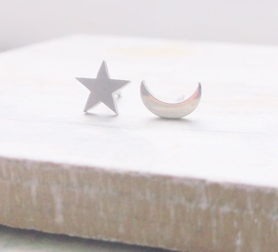 Silver Stainless Steel Star and Moon Stud Earrings