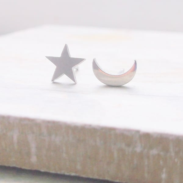 Silver Stainless Steel Star and Moon Stud Earrings