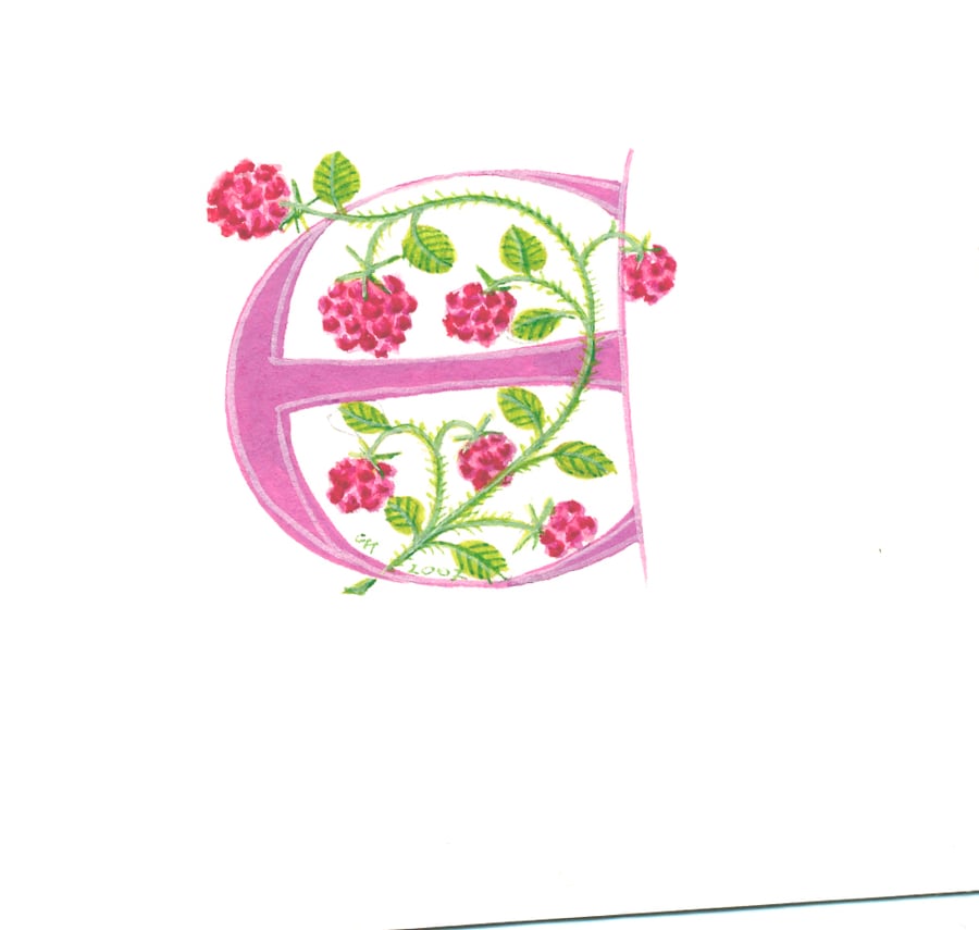 Custom letter 'E' in pink with raspberries.