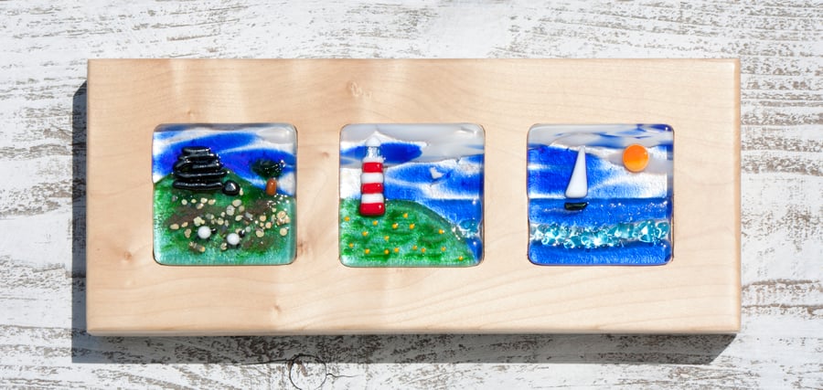 Fused Glass Picture - Triptych of The Moors, The Coast and the Sea