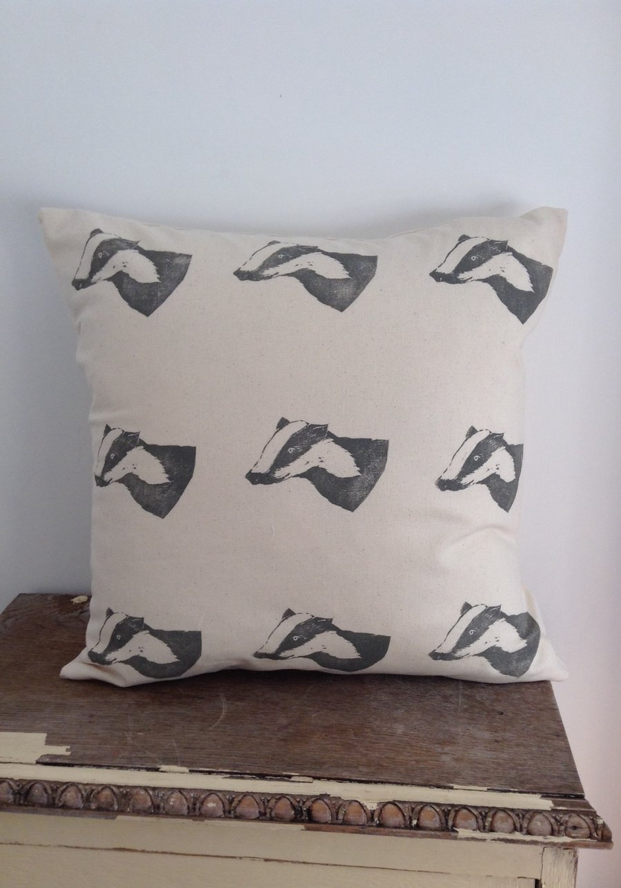 Hand printed grey badger cushion cover