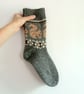READY TO SHIP Grey wool socks pale orange beige squirrel fair isle  - Image 1