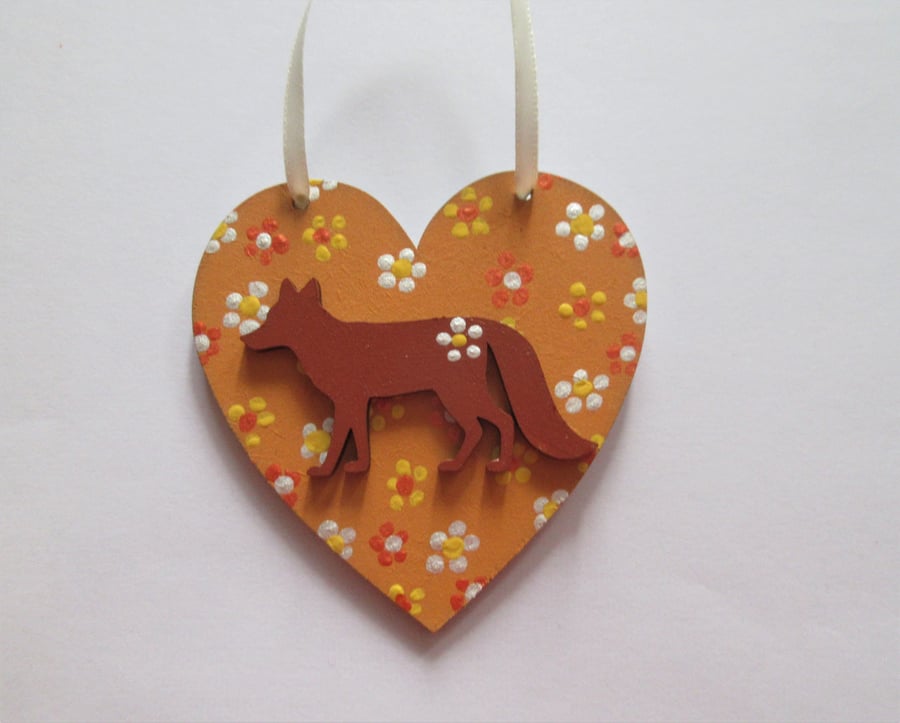 Red Fox Hanging Heart Decoration Hand Painted Ditsy Flowers