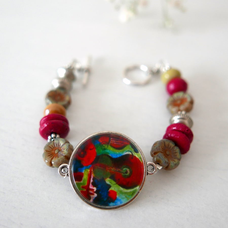 Violin Bracelet, Music Art Print, Autumn Jewellery, Art Bracelet, Floral Beads