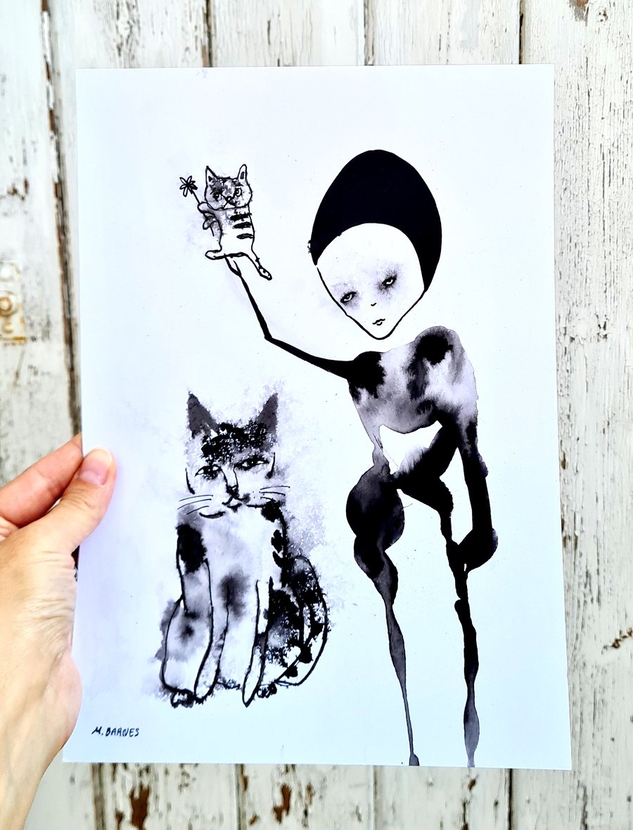 Whimsical cats, Original art, One of a kind art, Black and white picture, Weird 