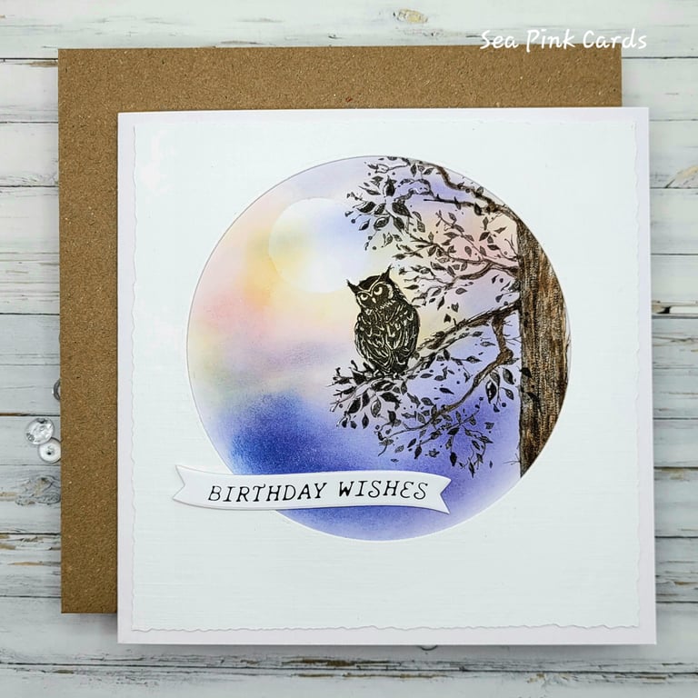 Birthday Card Owl and Moon - handcrafted, birthday wishes, tree, night sky