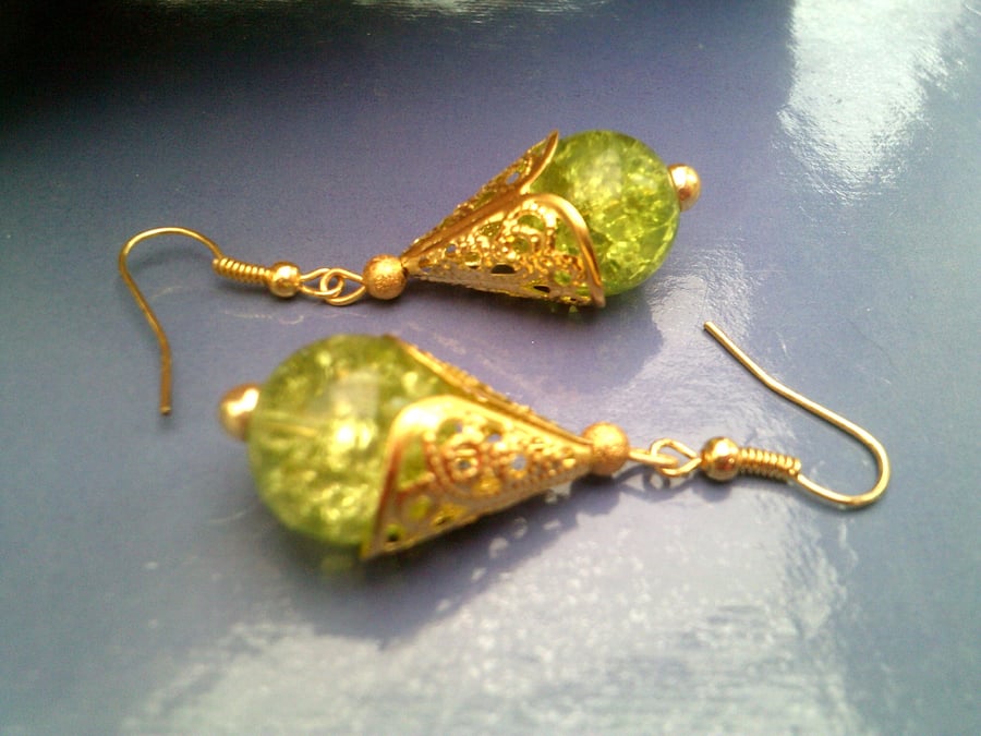 Green Crackled Glass Earrings, Dangle Earrings with Gold Cap Earrings