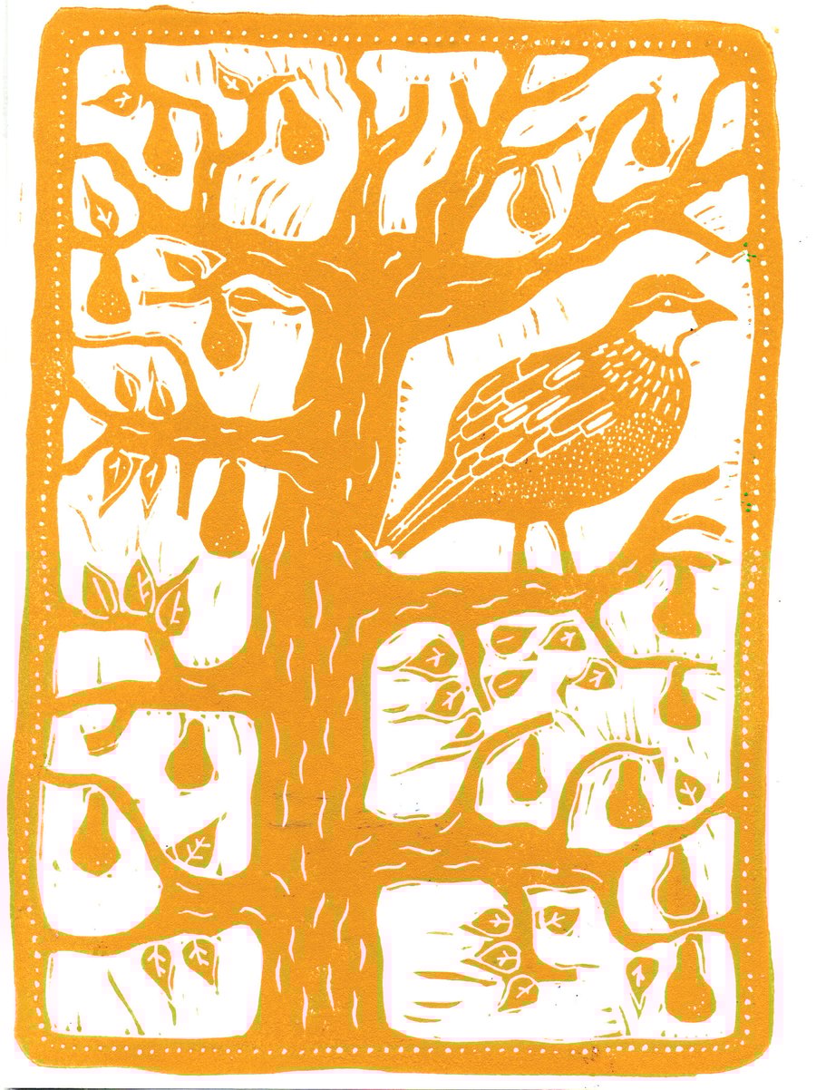 A Partridge In A Pear Tree Christmas card, linocut print by John Freeman