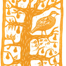A Partridge In A Pear Tree Christmas card, linocut print by John Freeman