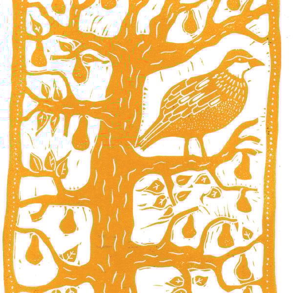 A Partridge In A Pear Tree Christmas card, linocut print by John Freeman