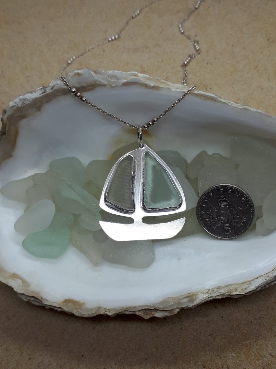Sea glass and silver boat pendant