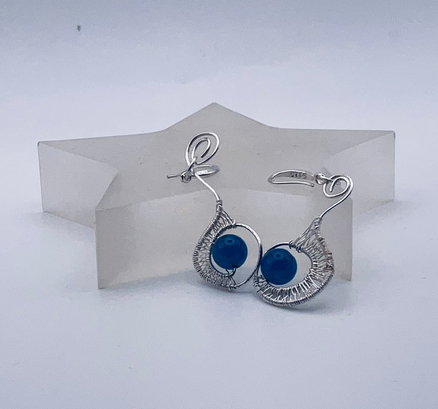 Beautiful agate blue and silver ladder stitch drop earrings